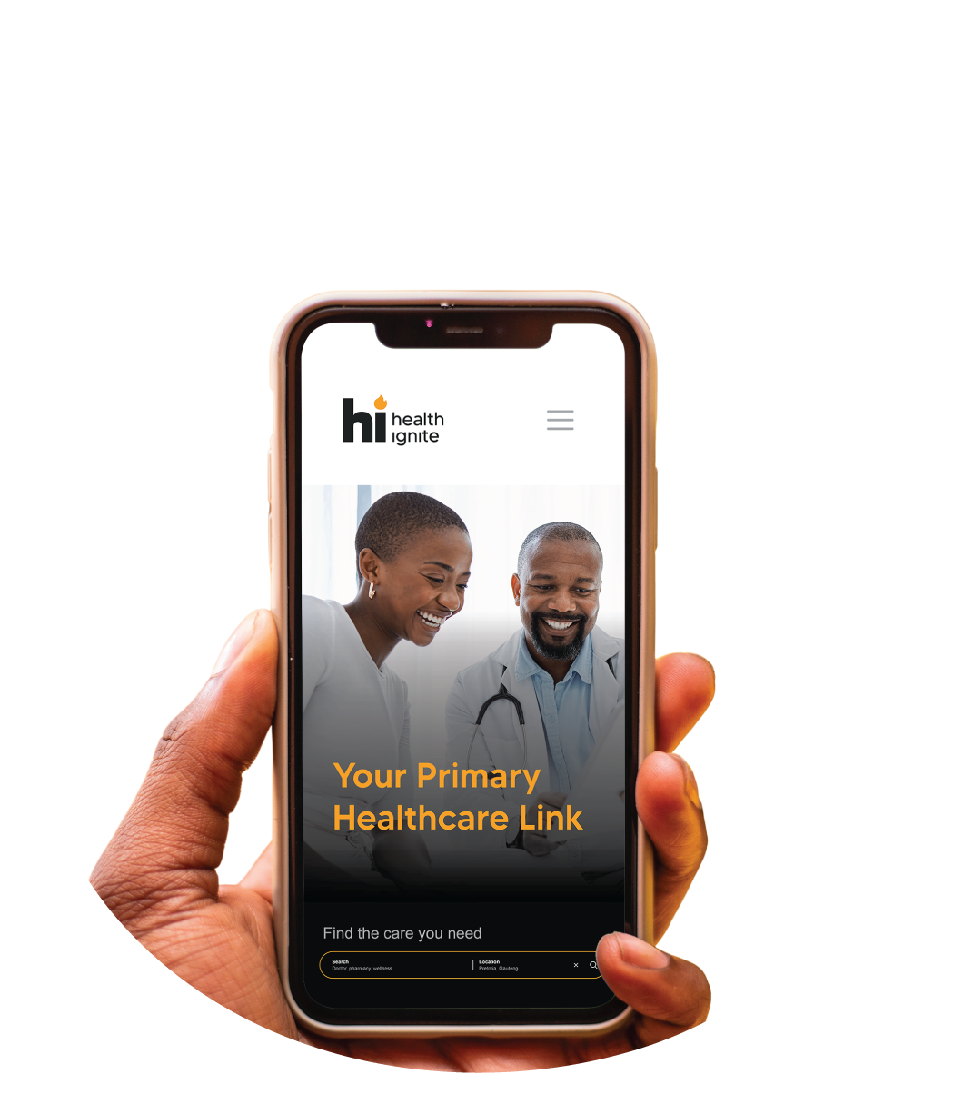 HealthIgnite on a phone, held against a flame-shaped backdrop